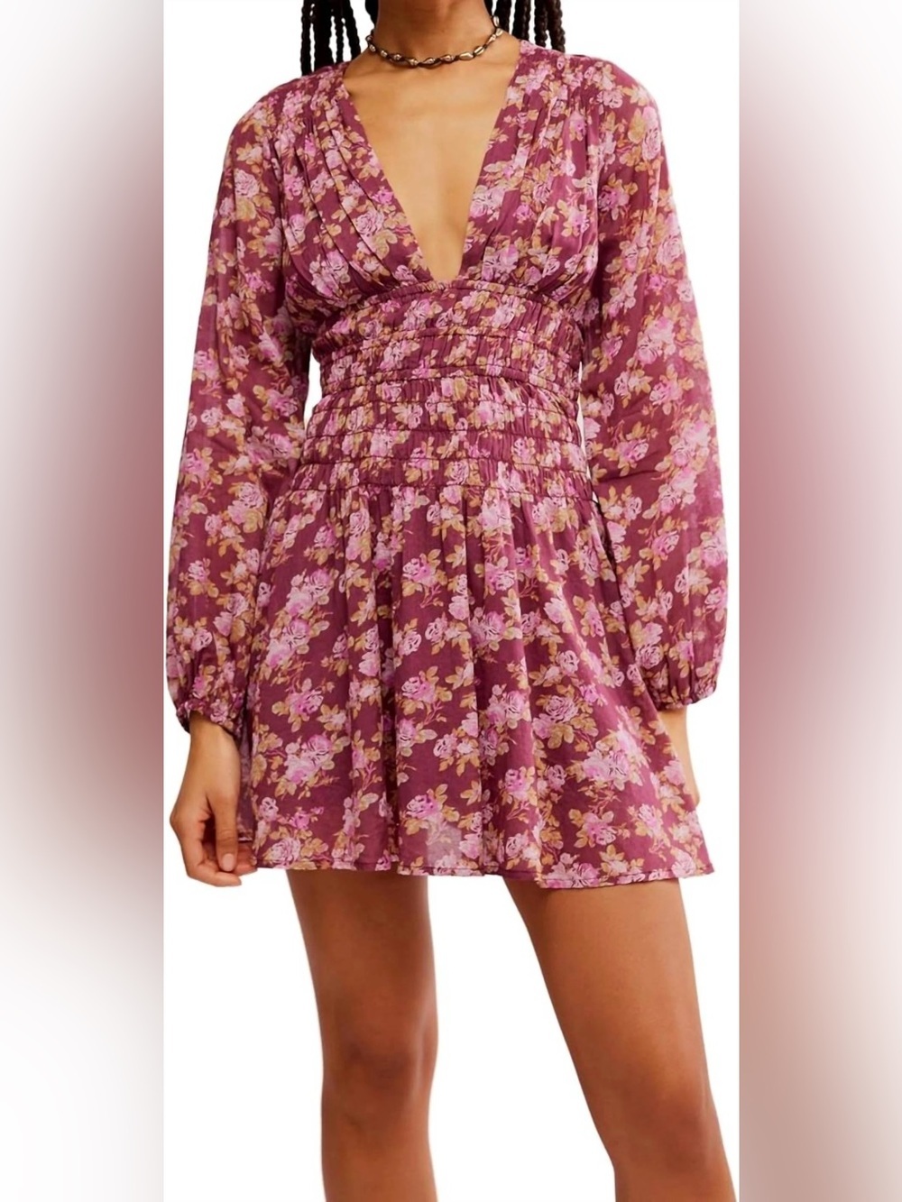 Free People Keep You Mini Dress Berry Combo Floral Boho V-Neck Large EUC
